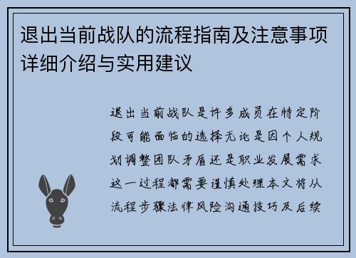 退出当前战队的流程指南及注意事项详细介绍与实用建议