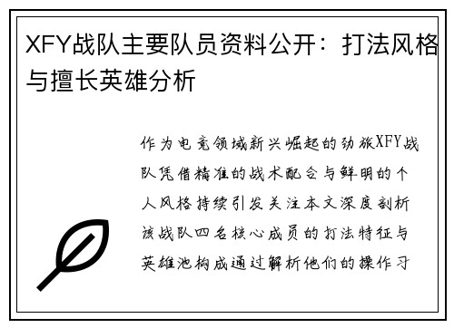 XFY战队主要队员资料公开：打法风格与擅长英雄分析
